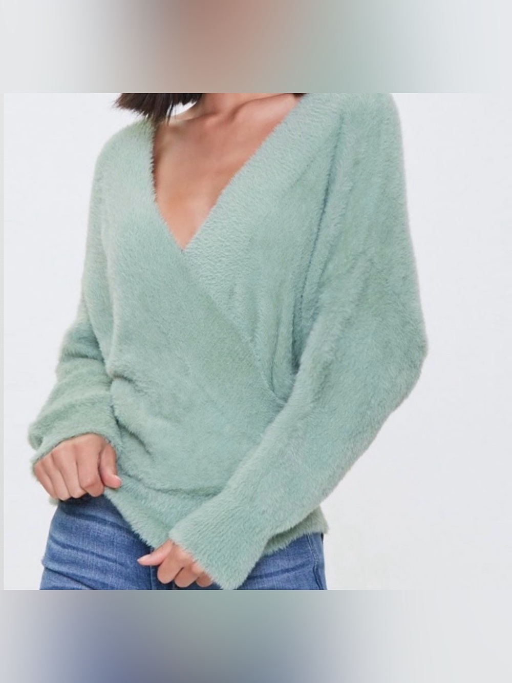 Forever 21 Mint Green Fuzzy Surplice V-Neck Tie Back Sweater. Size L